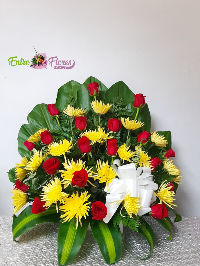 Abanico fúnebre en rosas y crisantemos -fúnebres en Cali
